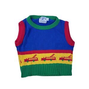 Vintage 80s Kids Toddler Fire Truck Colorblock Knit Sweater Vest 2T